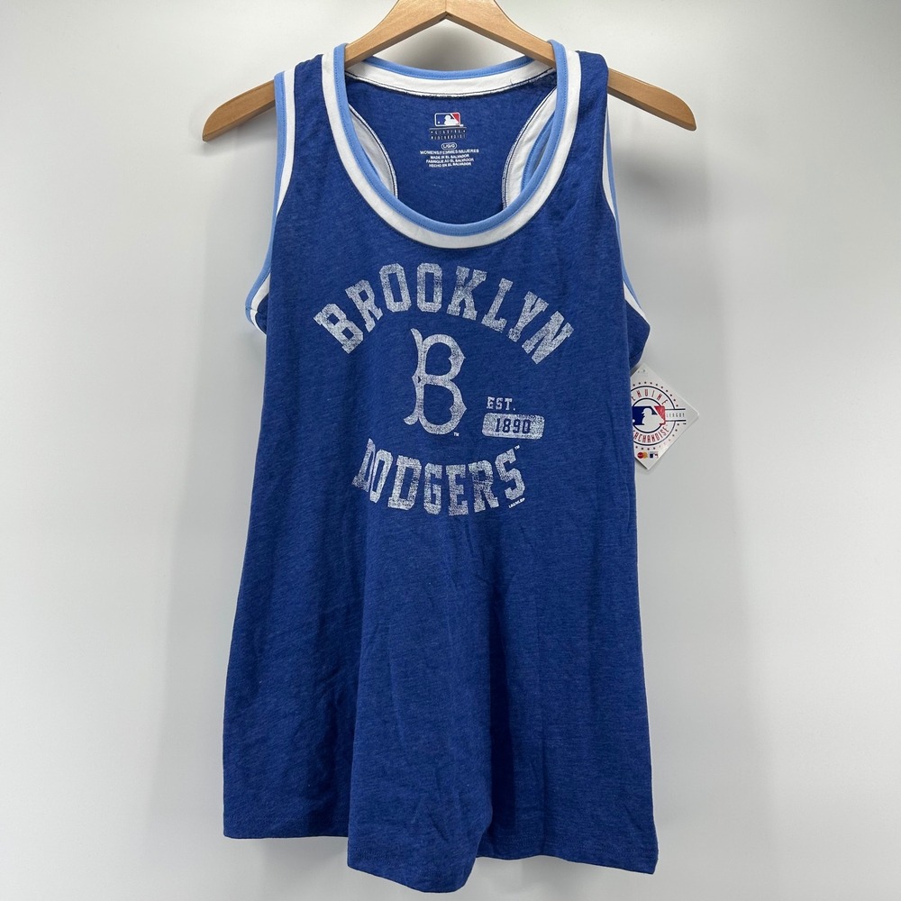 MLB Brooklyn Dodgers Tank Top Womens L Blue Racerback Distressed NWT Baseball